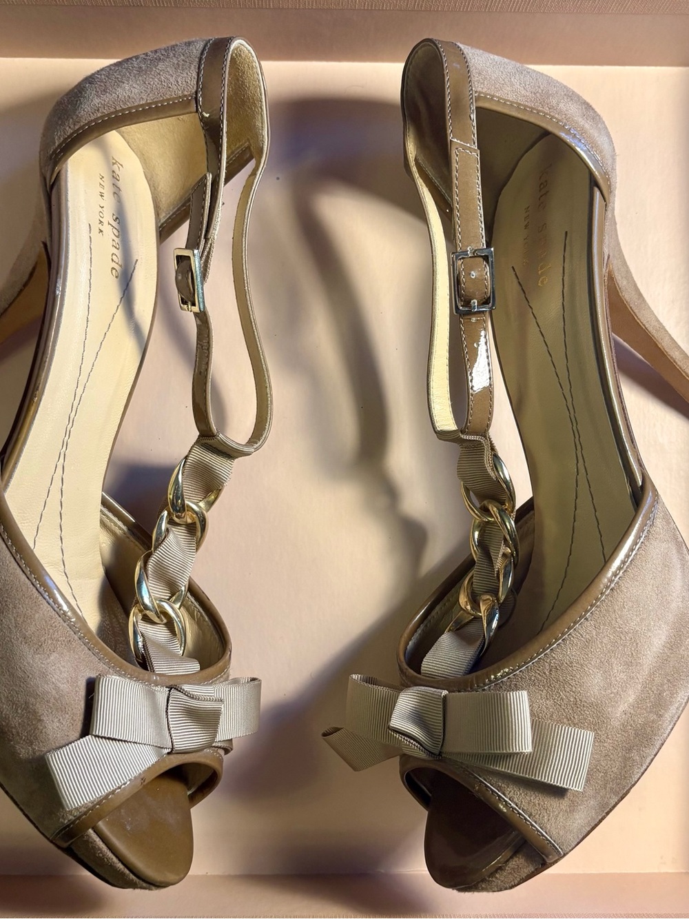 kate spade New York Taupe Suede Bow Strappy Heels with Gold Chain